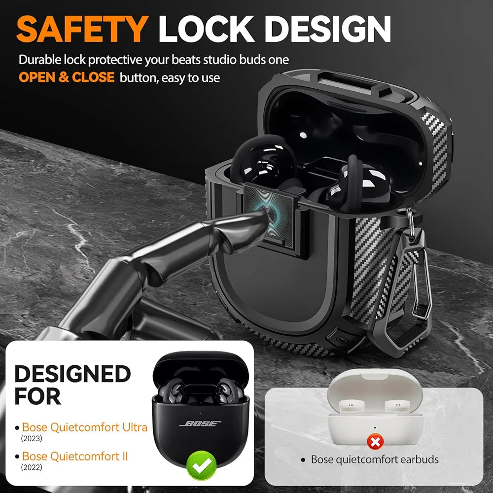 Sucure Lock Case for Bose Quietcomfort Ultra (2023) / Bose QC II (2022) Case Cover with Lock Clip & Cleaner Kit Pen, Impact Resistant Hard Shell Headphone Case with Men Women (Black)
